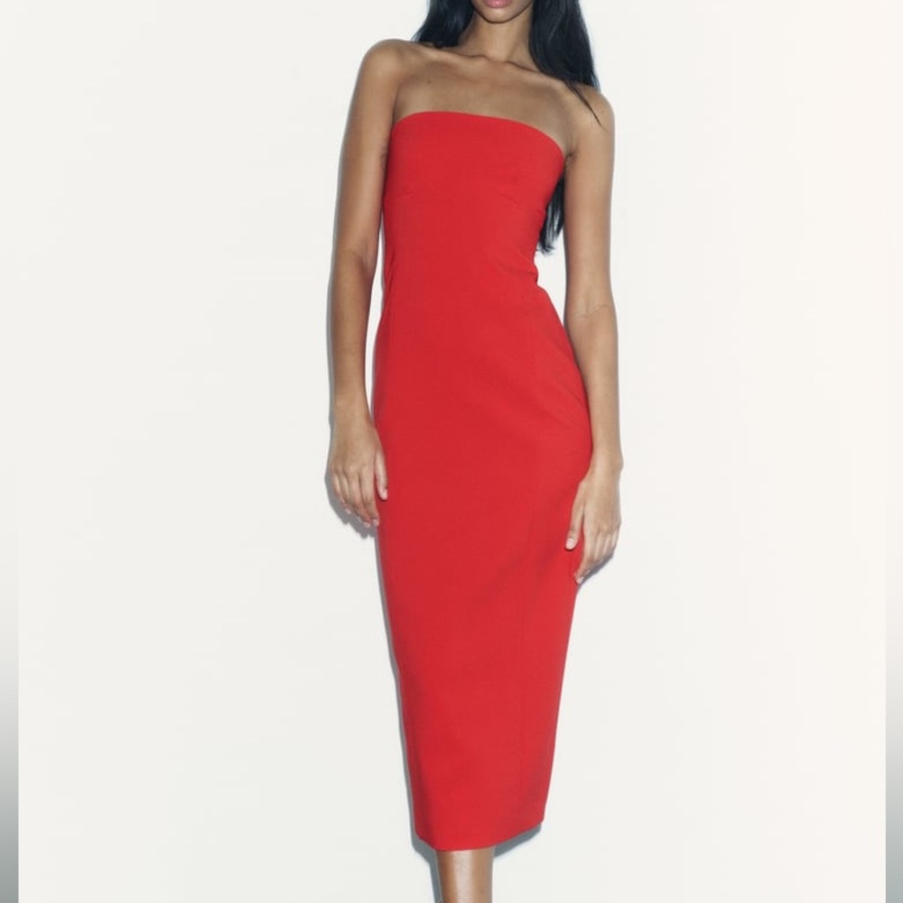 Zara Strapless Midi Dress in Red